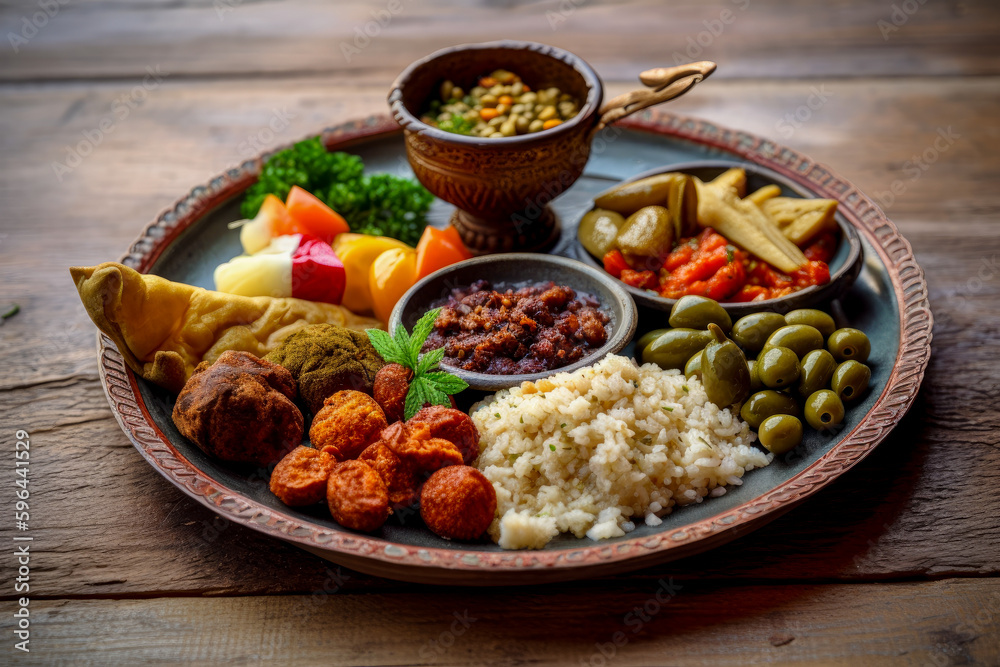 Delicious plate with mediterranean food, generative ai Delicious plate with mediterranean food, generative ai