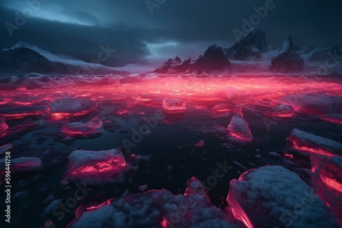 A captivating scene of pink lights dancing in the night sky over icy terrain. Generative AI