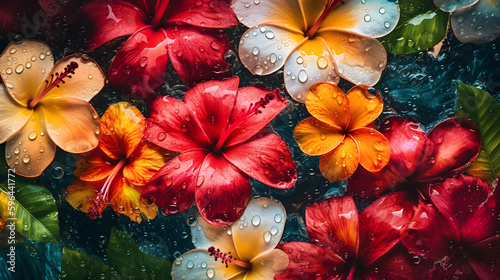 Bright multicolored flowers in water drops. Floral background top view, Generative ai