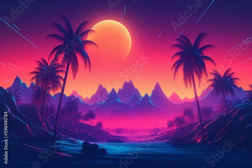 Vibrant synthwave background with palm trees and mountains. Generative AI