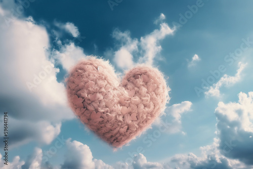  Heart shaped pink cloud on blue sky with light white clouds. Love, peace, joy, tranquility background, Generative ai