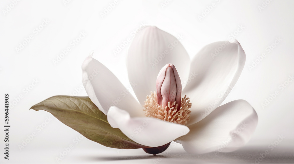 Close-up view of a magnolia bud on a white background. Floral white background with copy space. Generative ai