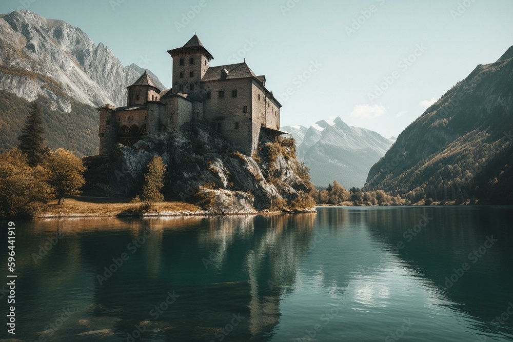 Stunning ancient fortress beside a tranquil alpine body of water. Generative AI