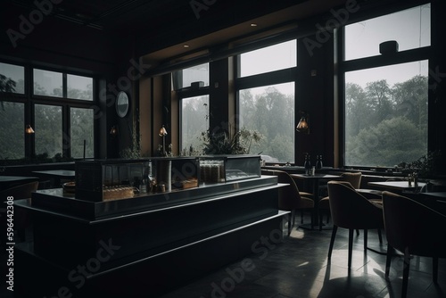 Contemporary dark cafe with vast window view. Generative AI © Titania