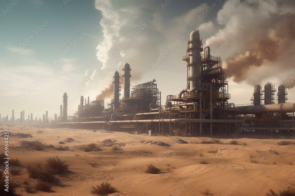 An AI-generated image depicting a futuristic refinery causing pollution in a desert and the resulting respiratory diseases. Generative AI
