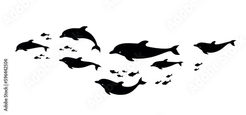 School of fish and dolphins. Decorative wave of flock of fish. Black isolated silhouette on white background. Vector illustration