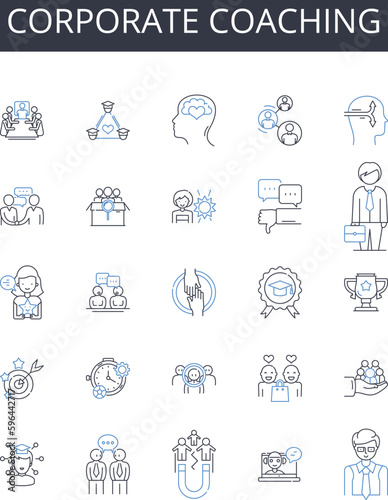 Corporate coaching line icons collection. Vivid, Unique, Imaginative, Compelling, Evocative, Intriguing, Captivating vector and linear illustration. Colorful,Descriptive,Powerful outline Generative AI