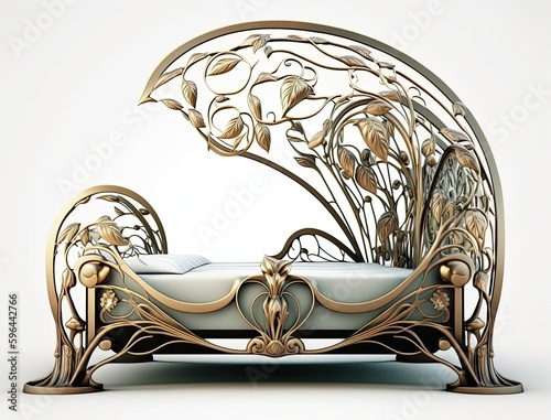 Beautiful floral art noveau bed with a gold patterned frame isolated on a white background. Generative ai bedroom furniture idea photo