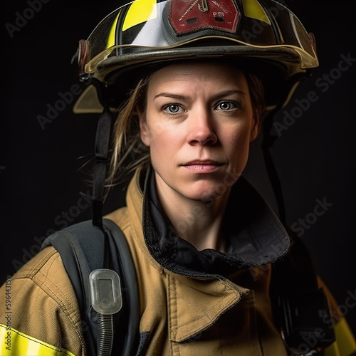 Portrait of a female firefighter. Fictitious person. An image with a fictional person, not based on real people. Generative AI