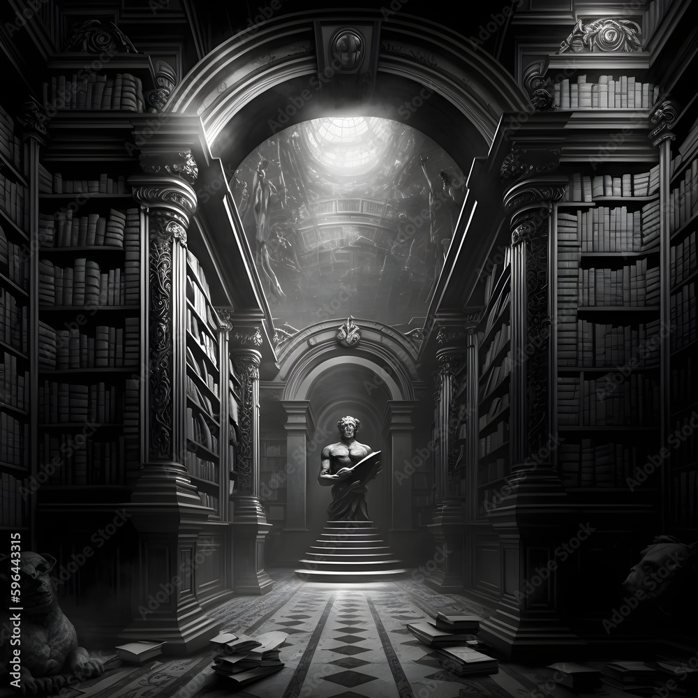illustration gravure ancient library designed by guillermo del toro