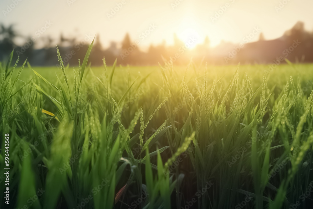 Rice field. Ripe rice field by beams of warm early morning light. generative ai
