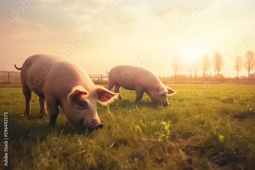 Pigs eating on a meadow in an organic meat farm. generative ai