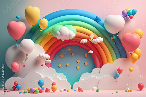 generative ai illustration, abstract 3d rainbow with clouds and colorful balloons