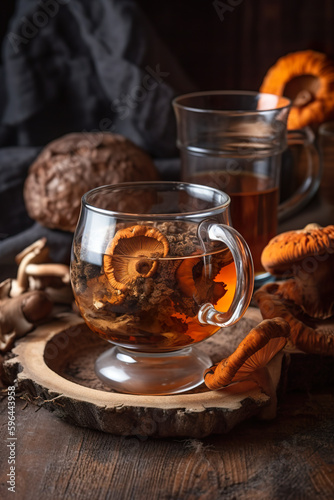 Glass teapot with adaptogenic chaga mushrooms on a table. AI generative healthy mushroom wellness adaptogenic hot drink