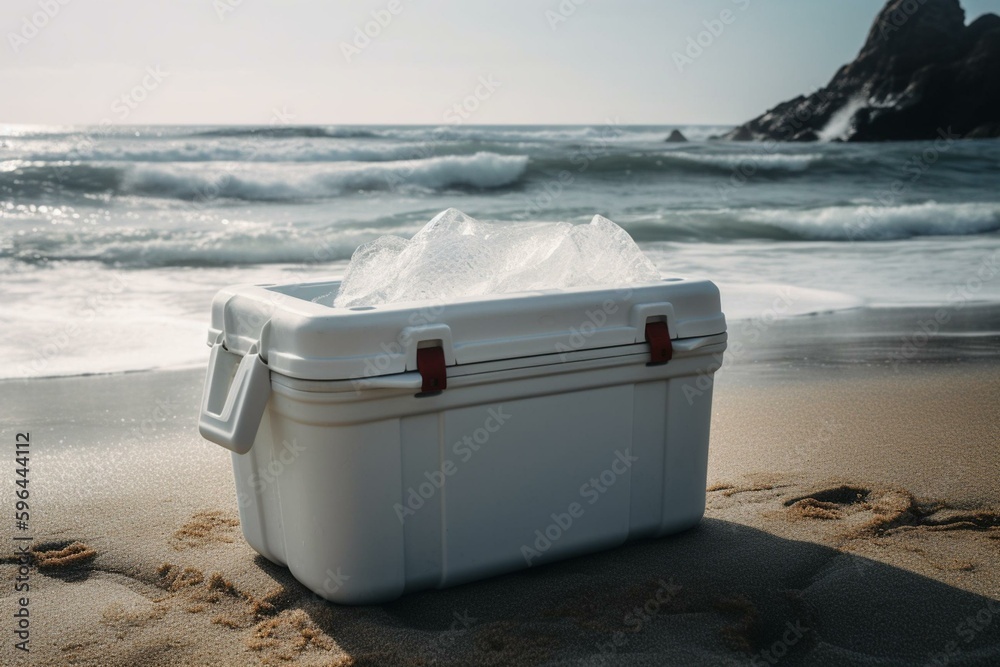 Styrofoam cooler with ice for cold drinks and food on the beach or