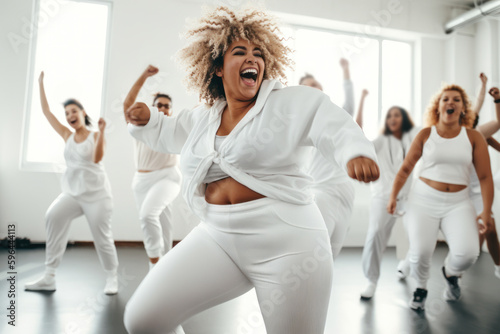black plus sized woman in white sport clothes dancing with a group in a dance studio. generative ai