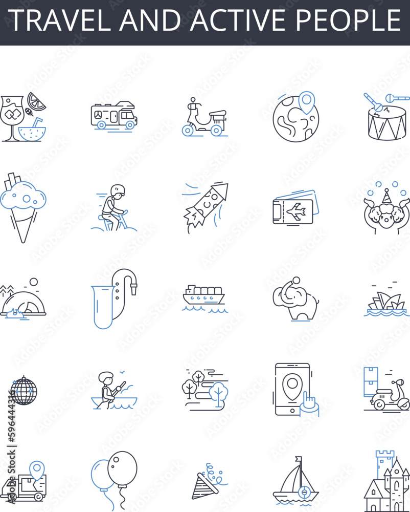 Travel and active people line icons collection. Adventure seekers, Jet-setters, Roaming nomads, Wandering spirits, Globetrotting enthusiasts, Excursion aficionados, Touring adventurers Generative AI