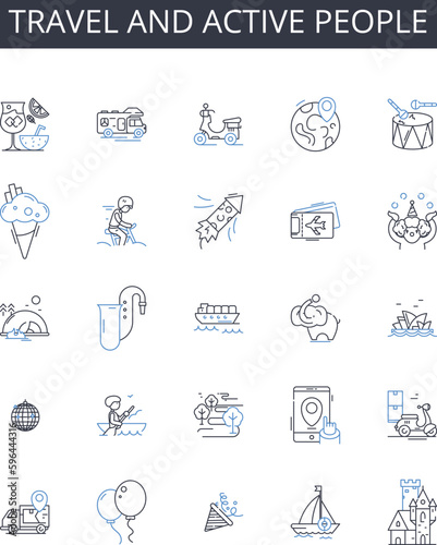 Travel and active people line icons collection. Adventure seekers, Jet-setters, Roaming nomads, Wandering spirits, Globetrotting enthusiasts, Excursion aficionados, Touring adventurers Generative AI