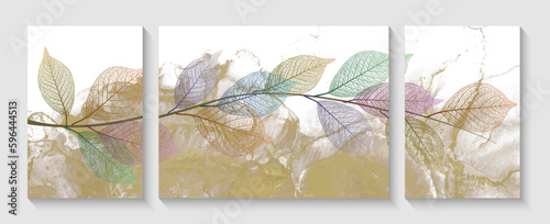 Set of modern creative illustrations with leaves. Modern creative design alcohol ink texture for home decor, banners, and prints. Vector illustration