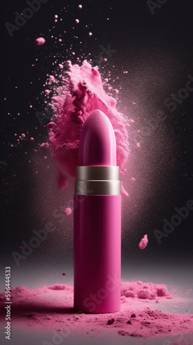 Pink lipstick with abstract burst of powder on black background, AI generative mockup