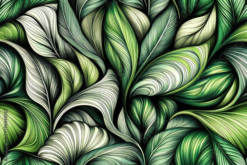 Seamless pattern with abstract leaves. Illustration in retro style. Monochrome colors. Generative AI.