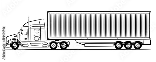 American container truck. Abstract silhouette on white background.  A hand drawn line art of a trailer truck car. Vector illustration view from side.
