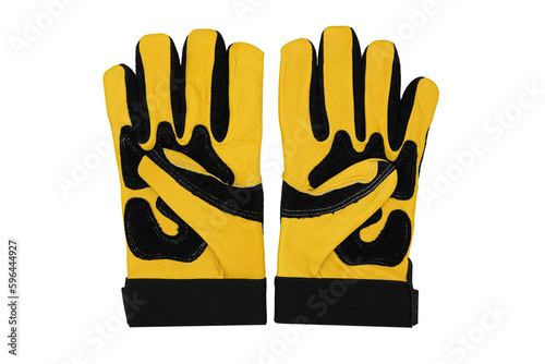Work gloves made of yellow leather and suede with vibration protection of the hands isolated on white background