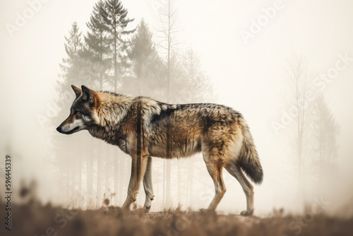 Image of a wolf in the wild in a double exposure style; symbol of the great outdoors and wildlife. Generative AI photo