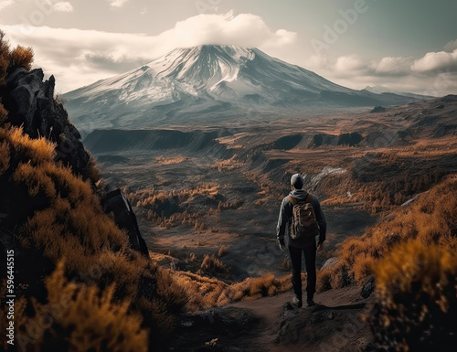 Mount St. Helens Beautiful Landscape Scene, Person Looking, Wanderlust, Adventure, Travel, Exploration. Generative AI