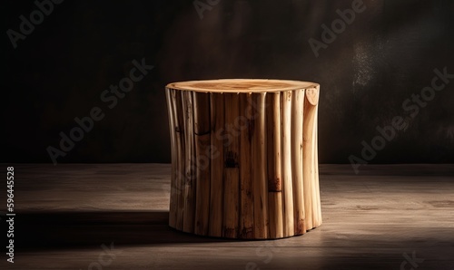Minimal, natural log wood podium table in sunlight. Generative AI 