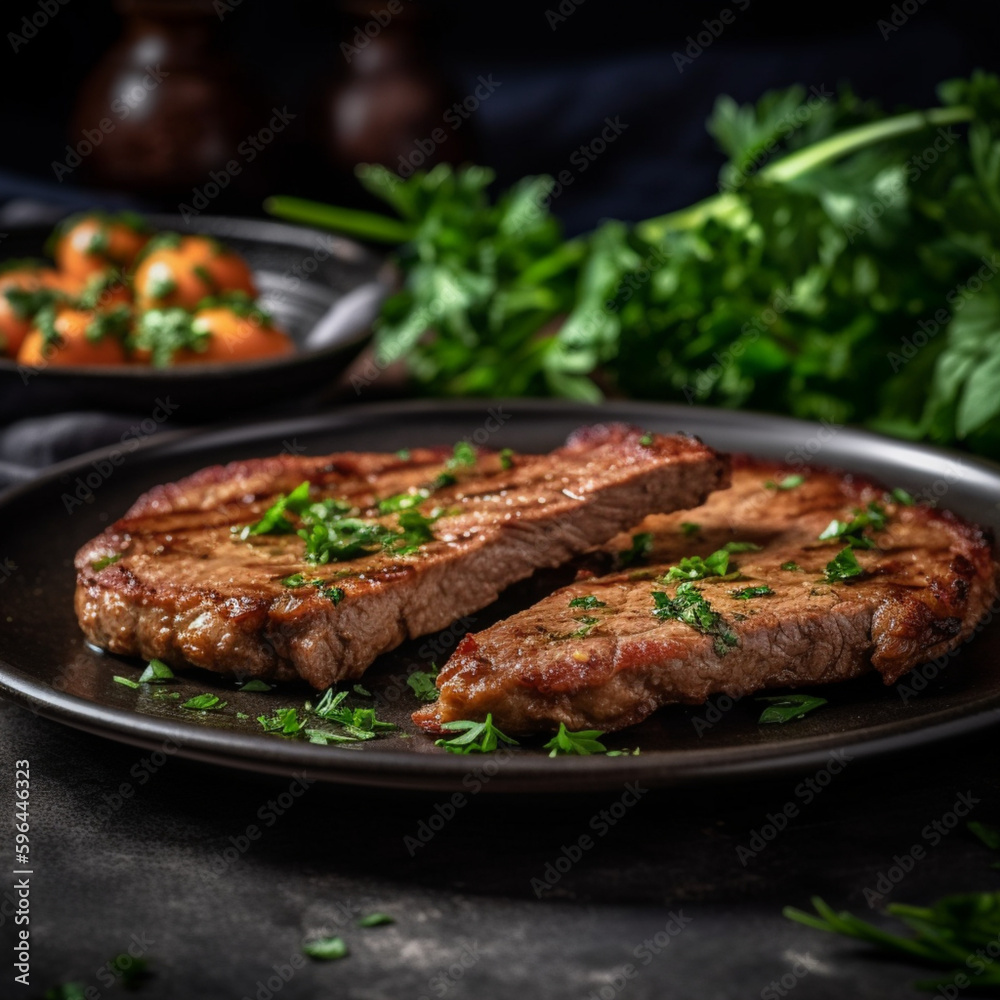 food photography light smoky fried meat thin steaks , Generative AI