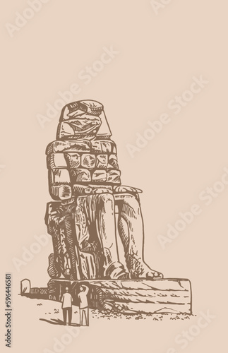  Colossi of Memnon vintage graphical illustration, landmark of ancient Egypt.
Statue of  Pharaoh Amenhotep III.Vector