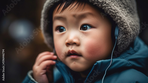 Little cute Asian kid with headphones listening to music. AI-generated fictional character 