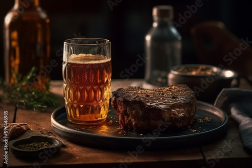 foreground glass of cold beer delicious grilled bee , Generative AI