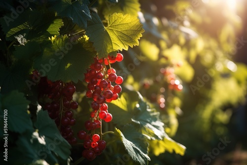 ripe red currant hanging on a bush in the sun