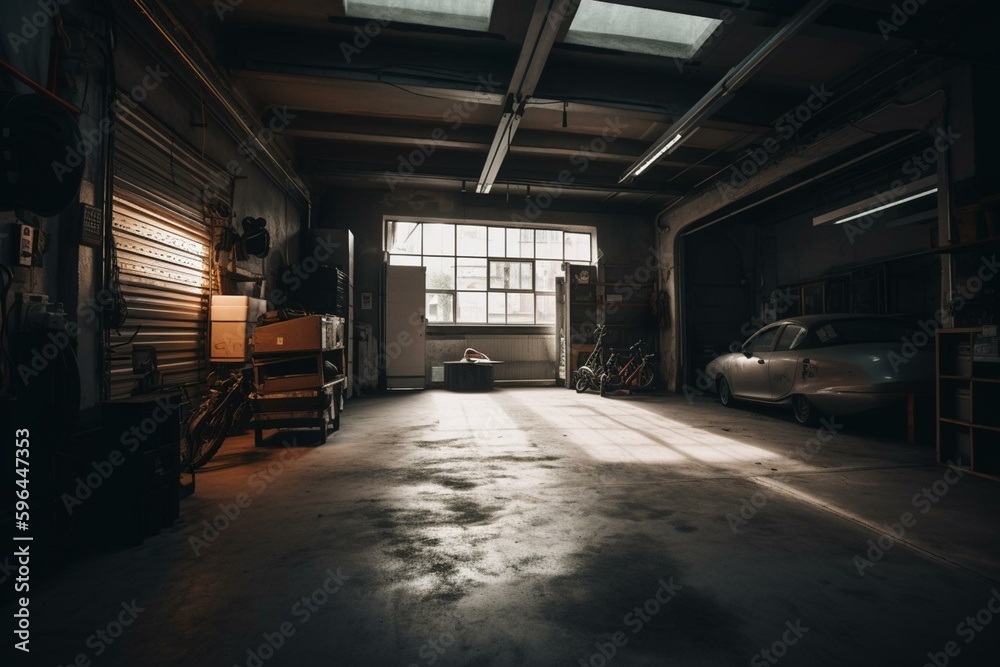 A garage with a metal roll-up door is vacant and unoccupied. Generative AI