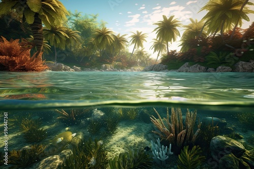 Above the water is a beautiful tropical island with large palm trees  under the water is a hyperdetailed tidepool and coral reef gnerative ai.