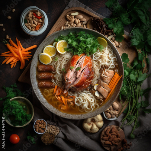 view of Hu Tieu cuisine Vietnamese food intricat , Generative AI