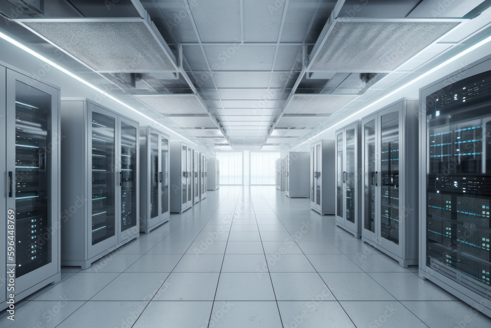Rows of servers in a data center room, equipped with state-of-the-art cooling systems and backup power. The high-tech infrastructure ensures reliable performance. Is AI Generative. Rows of servers in a data center room, equipped with state-of-the-art cooling systems and backup power. The high-tech infrastructure ensures reliable performance. Is AI Generative.