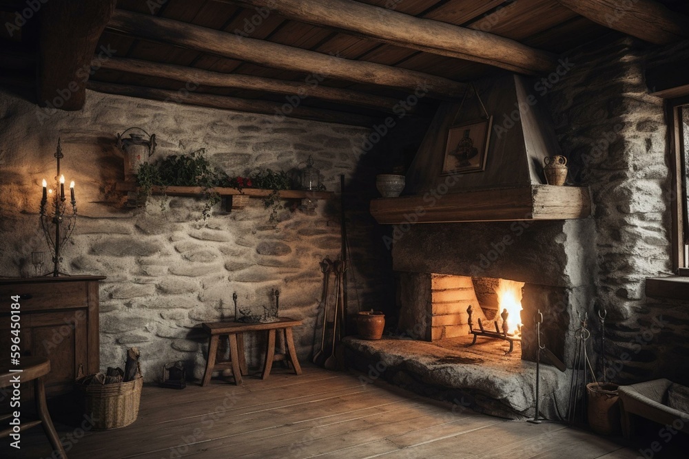 Rustic fireplace in old countryside living room with wooden ceiling. Generative AI