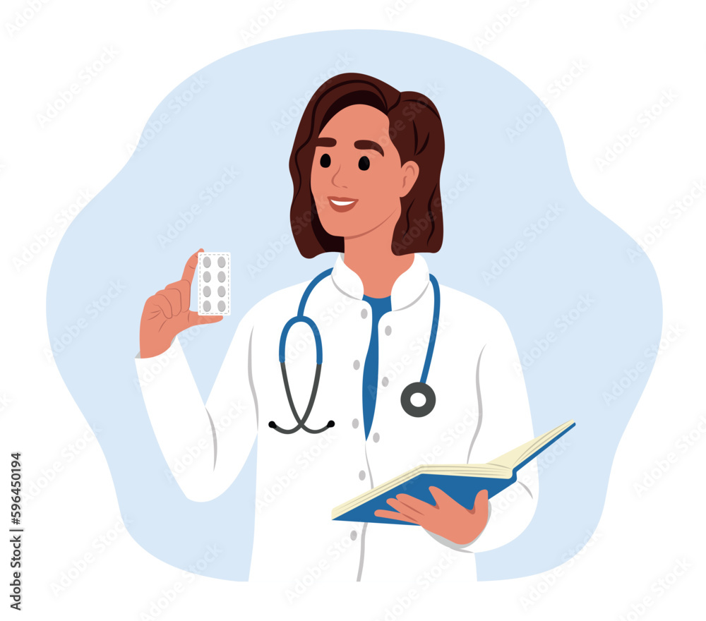 Doctor woman with medicine. A female doctor writes a prescription. Doctor woman with medicine. A female doctor writes a prescription.