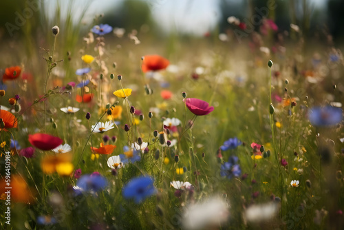 A vibrant field of wildflowers, swaying in the gentle breeze and surrounded by lush greenery, is a picturesque scene that captures the beauty of summer © Niko