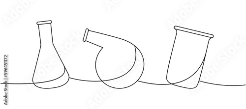 Laboratory glass equipment one line continuous drawing. Conical flask, retort glass flask, glass beaker continuous one line illustration.