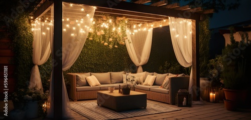 A beautiful patio, featuring pergola adorned with twinkling string lights and draped with elegant outdoor curtains, generative Ai