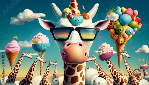 Giraffe mit Brille, bunt Vorlage für Karte, Hintergrund Design lustig, Generative AI  photo
