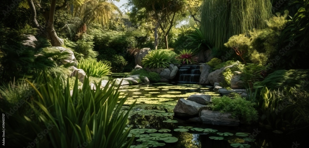 A garden with a water feature, such as a fountain or waterfall, for a calming ambiance, generative Ai