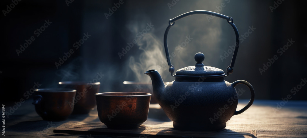 Steaming tea on the table, with sunlight. Generative AI. Steaming tea on the table, with sunlight. Generative AI.