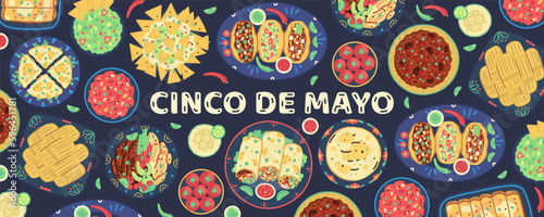 Cinco de Mayo celebration. Mexican holiday. Background with traditional mexican food. Tacos, tortilla, quesadilla, fajitas, nachos, burrito, guacamole, salsa, margarita. Fiesta banner, poster, header