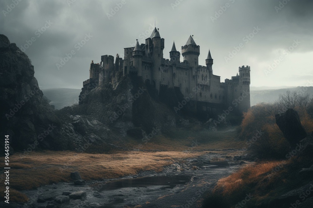 Dark fantasy castle in a gloomy landscape of an ancient city. Generative AI