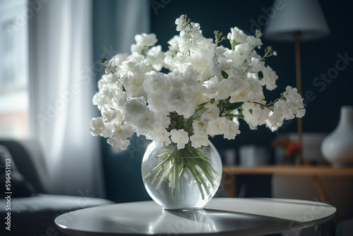 White flowers in a vase in a bright home near the window